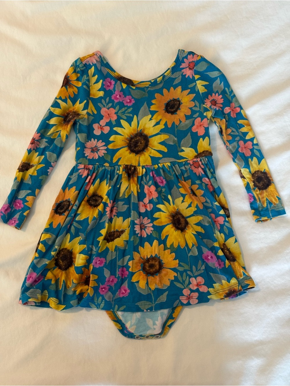 Little Sleepies Teal Sunflower Fields Long-Sleeve Romper Dress